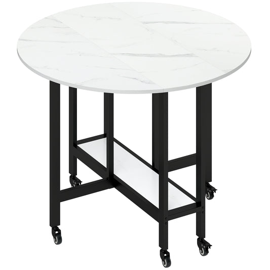 Folding Dining Table, Drop Leaf Table with Open Shelf, Rolling Kitchen Table for Dining Room, Small Spaces, White Marble