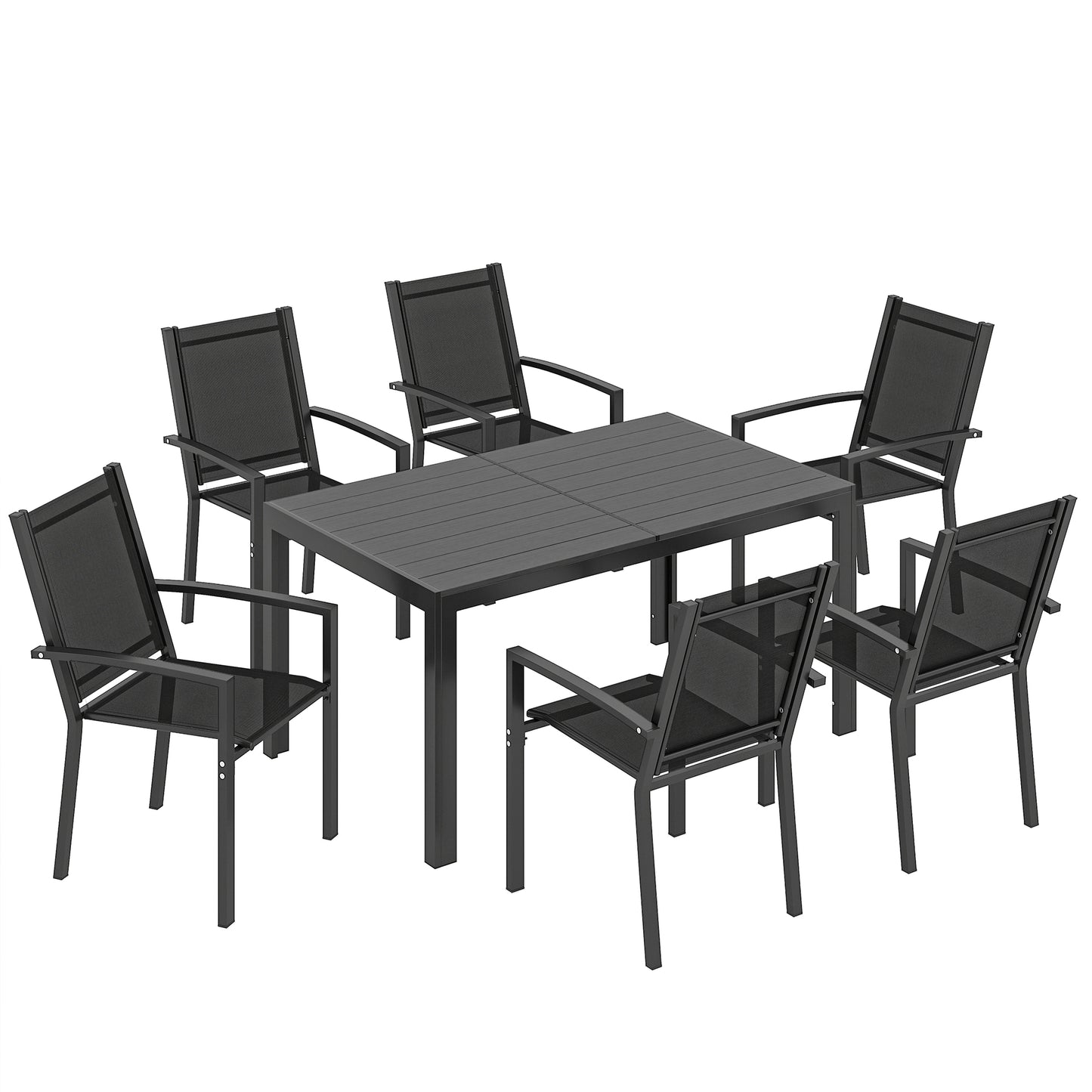 Seven-Piece Garden Dining Set, with Plastic Wood-Top Table - Black