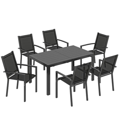 Seven-Piece Garden Dining Set, with Plastic Wood-Top Table - Black