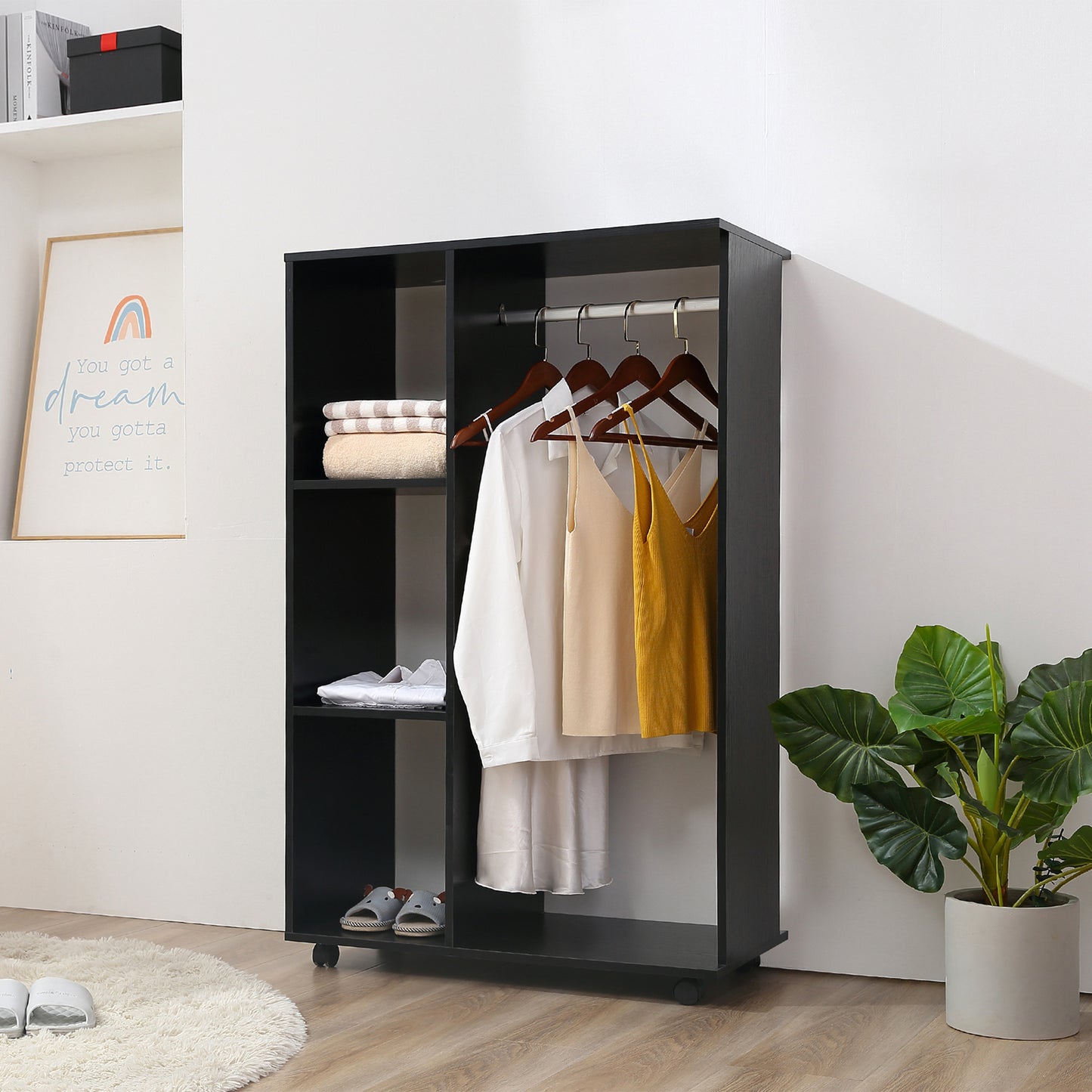 Open Wardrobe on Wheels, Bedroom Wardrobe with Clothes Hanging Rail, 3 Storage Shelves, Mobile Garment Rack for Cloakroom