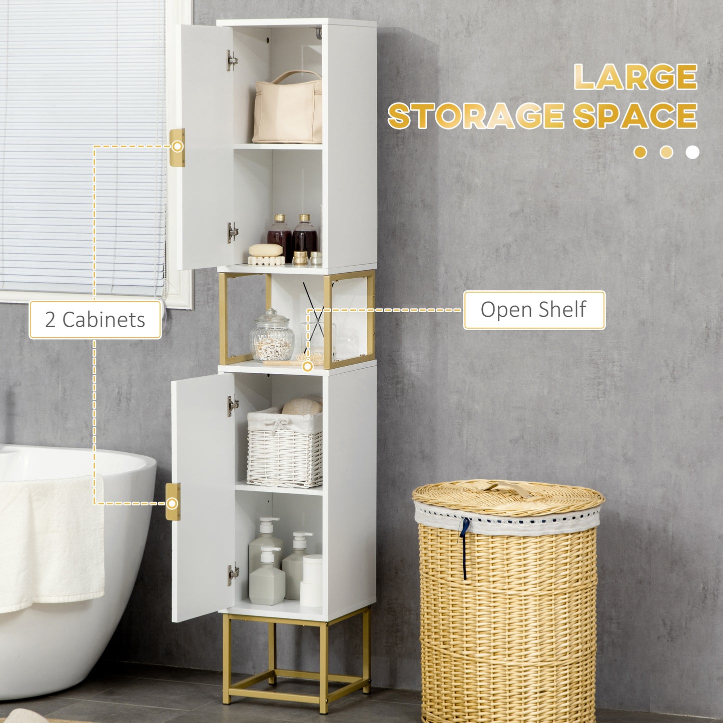 Narrow Bathroom Storage Cabinet, Freestanding Tallboy Storage Unit with Adjustable Shelf, 2 Doors and Steel Base