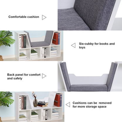 Bookcase Storage Shelf with Cushioned Reading Seat, Cube Bookshelf Organizer for Bedroom Living Room, White
