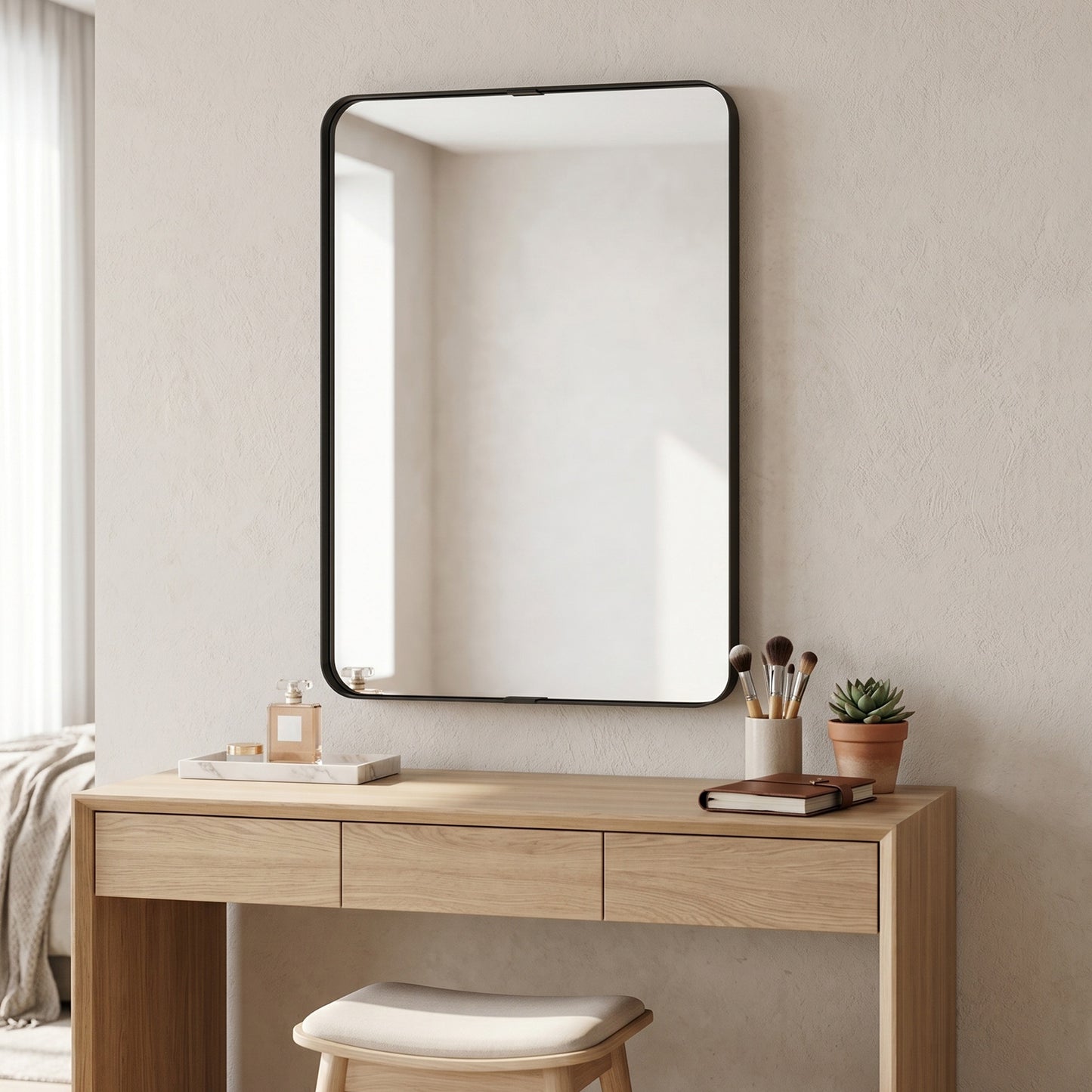 Rectangular Wall Mirror, 90 x 60 cm Wall Mounted Bathroom Mirror with Aluminium Alloy Frame and Tempered Glass, Black