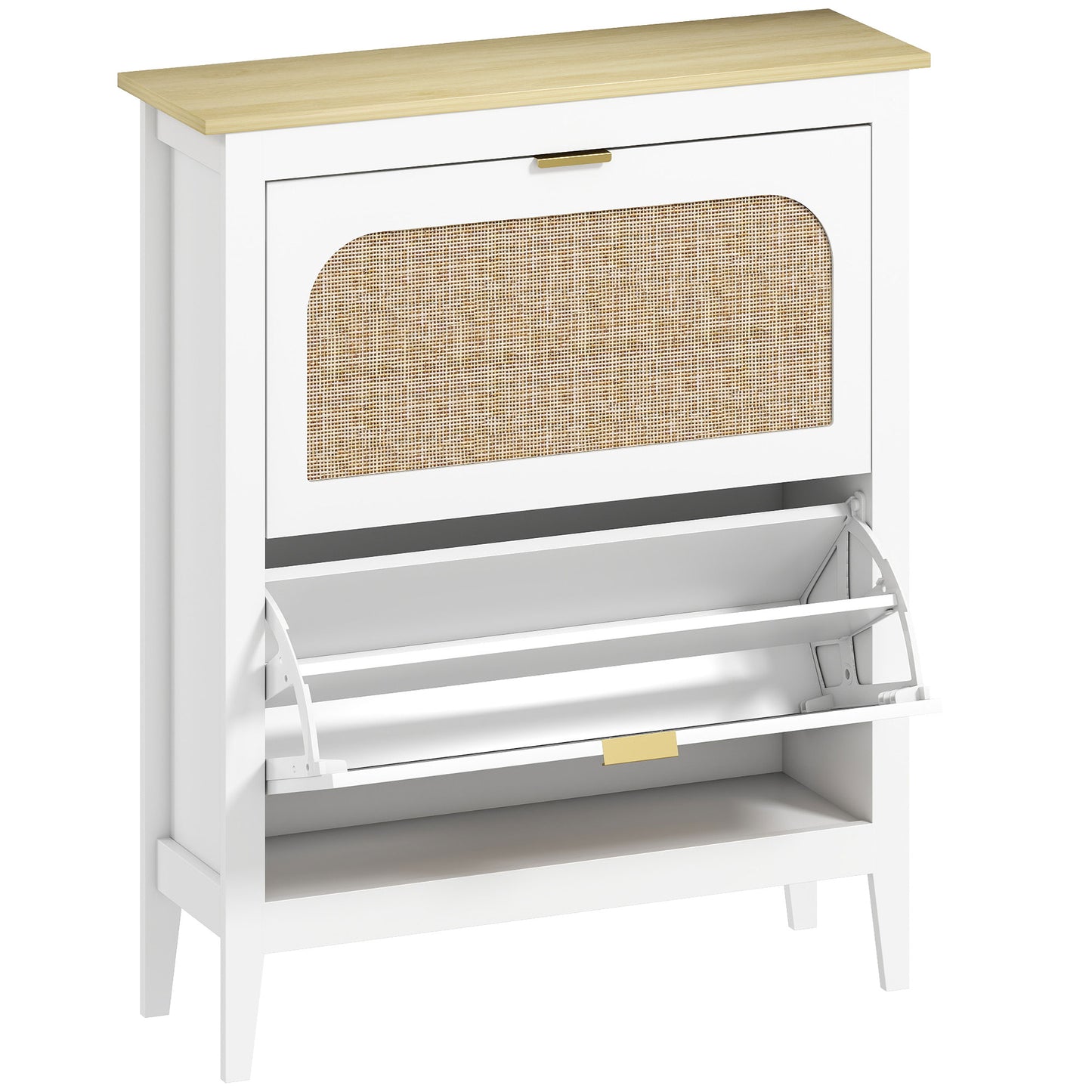 Narrow Shoe Cabinet, Boho Slim Shoe Storage Cabinet with 2 Flip Drawers, Holds 14 Pairs, White
