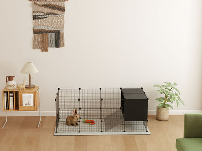 DIY Small Animal Cage with Elevated Huts, C&C Cage for Guinea Pigs, Hedgehogs, Rabbits, 31 Panels, Black