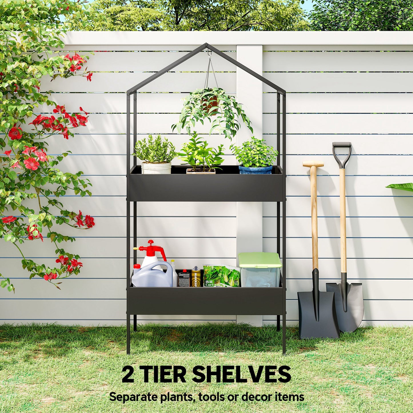 2 Tier Plant Stand, Outdoor Indoor Metal Plant Stand with Hook, House-Shaped Pots Holder Display Rack, Black