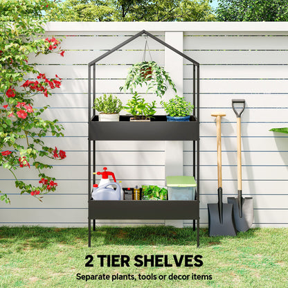 2 Tier Plant Stand, Outdoor Indoor Metal Plant Stand with Hook, House-Shaped Pots Holder Display Rack, Black