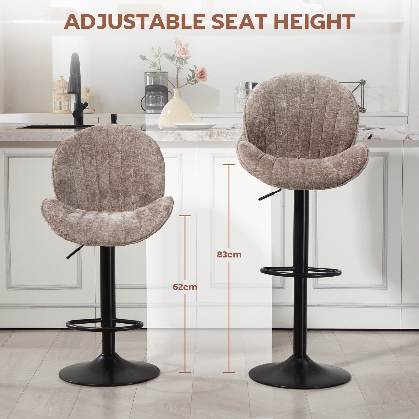 Bar Stools Set of 2, Swivel Barstools with Back, Adjustable Height and Footrest for Kitchen Island, Dining Room, Brown