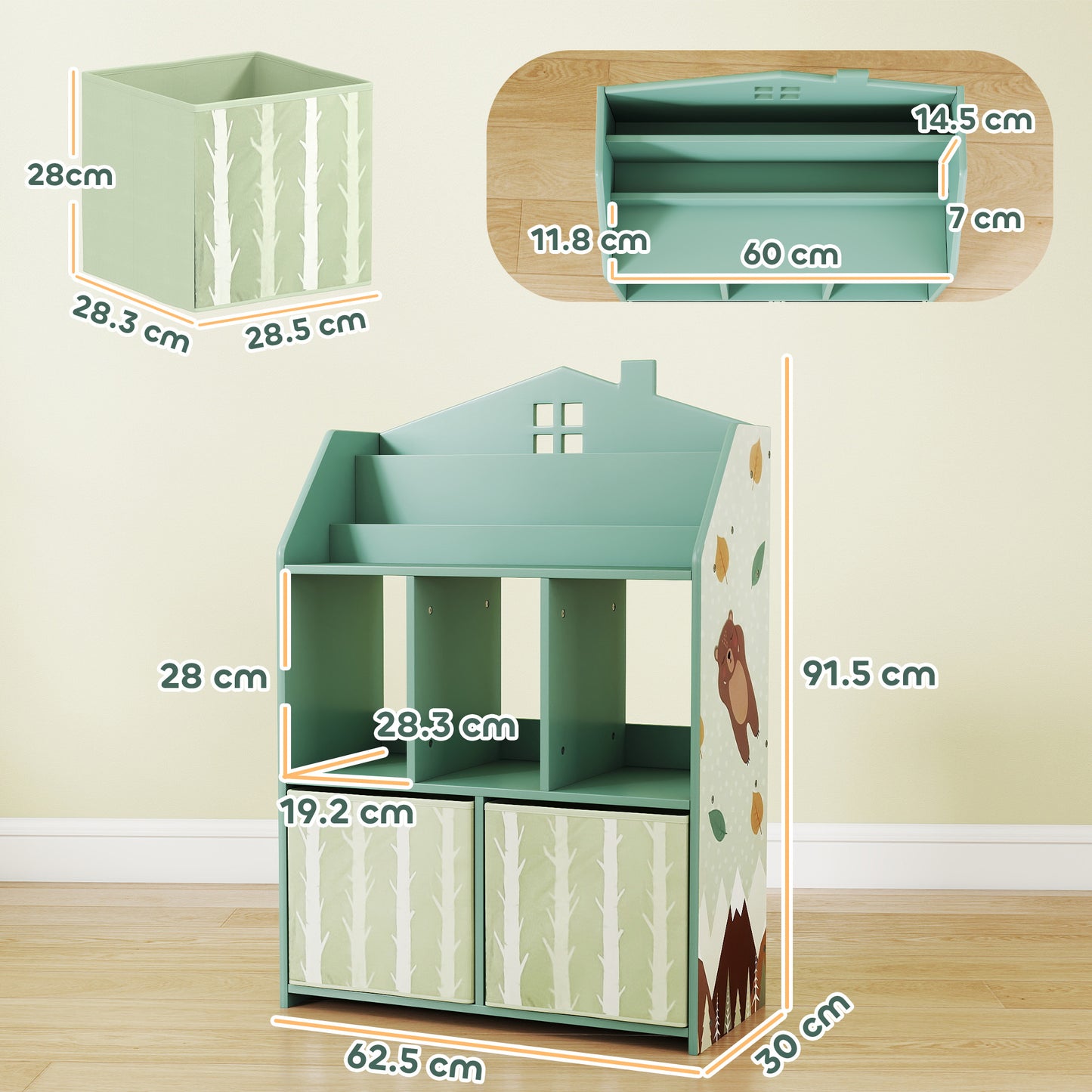 Kids Bookshelf with Storage, Toy Storage Unit with Book Display, Shelves and Fabric Drawers for Playroom Nursery, Green
