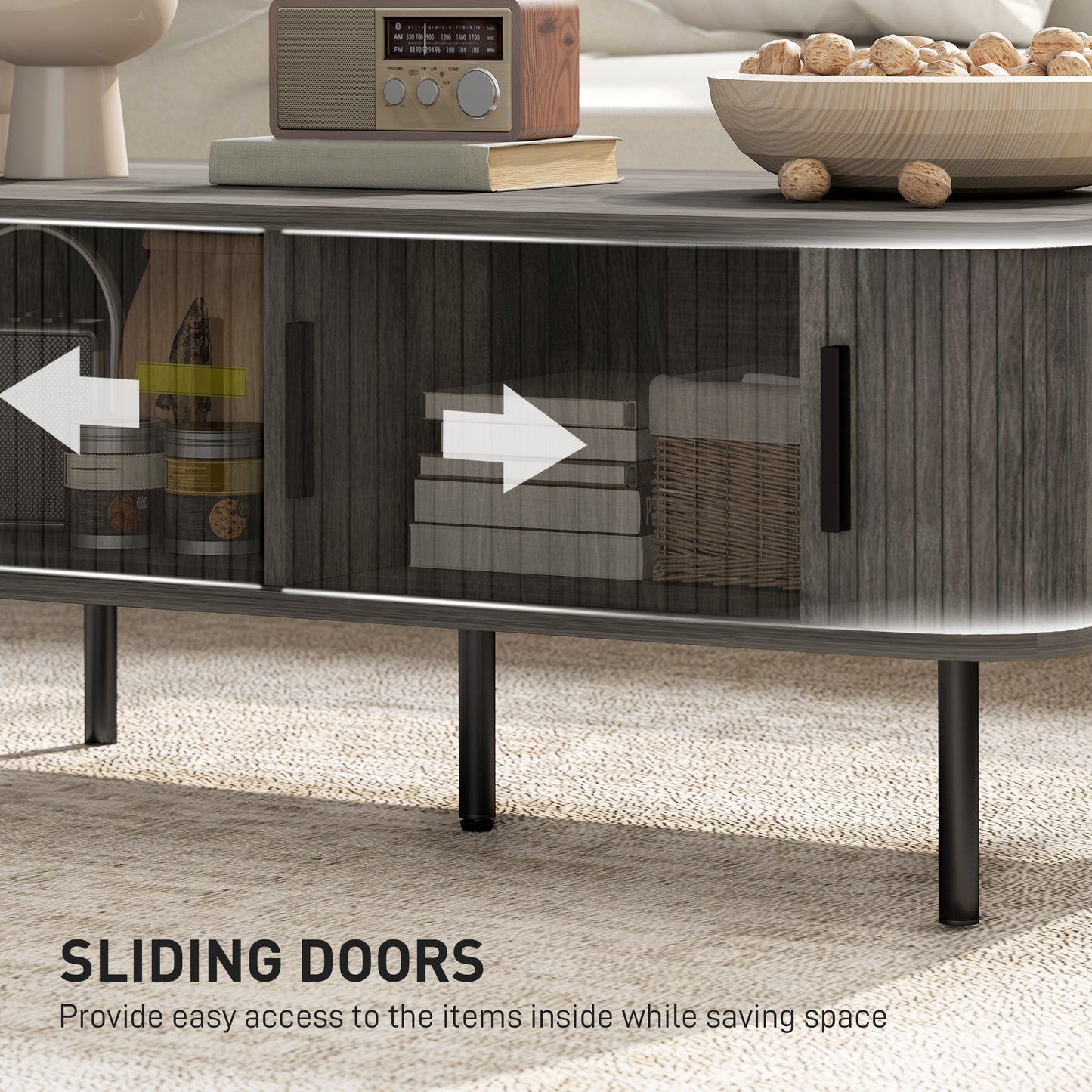Coffee Table with Storage, Living Room Table with Slatted Tambour Sliding Doors and Adjustable Foot Pads