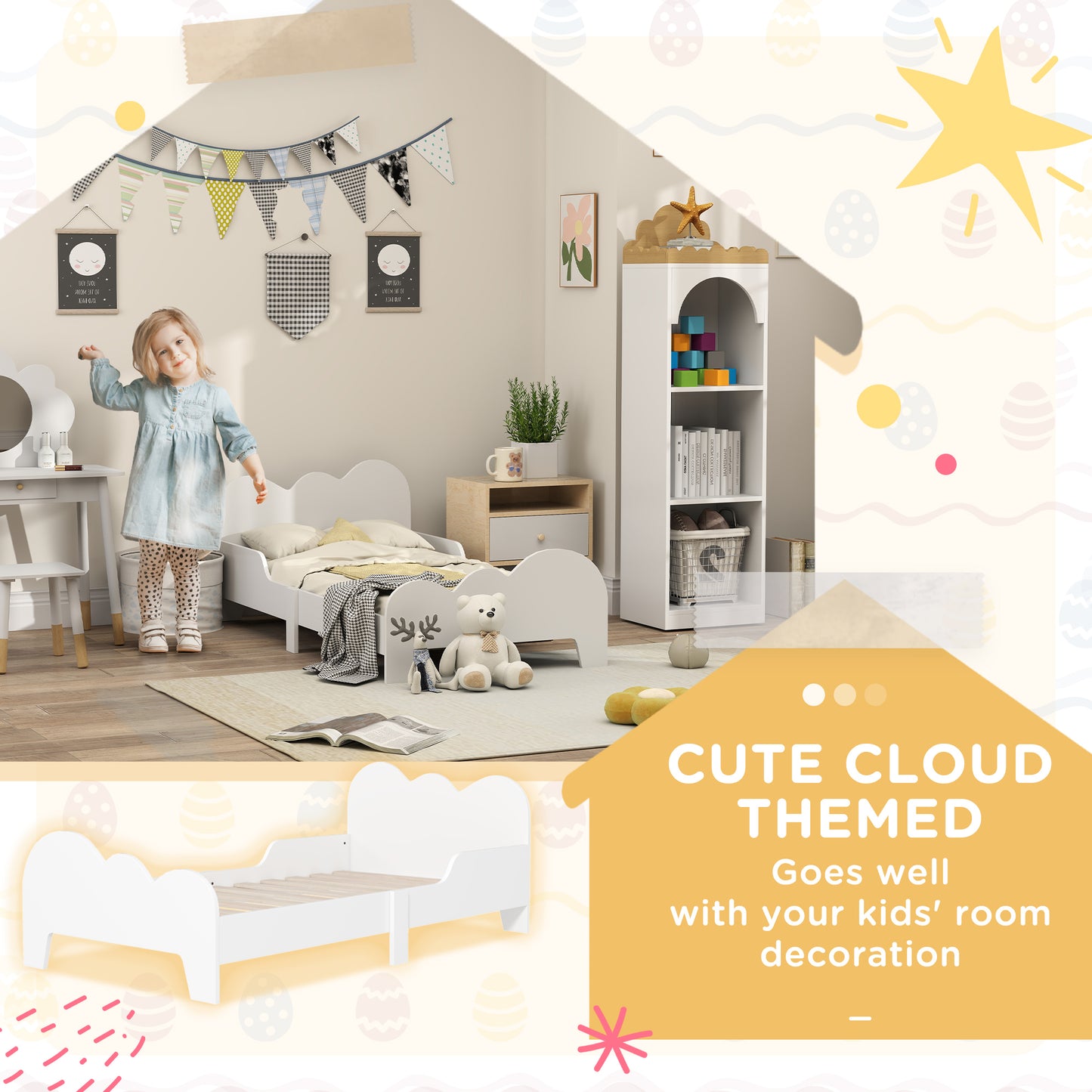 Cloud-Themed Toddler Bed Frame with Safety Rails, 143.5 x 74.5 x 56cm