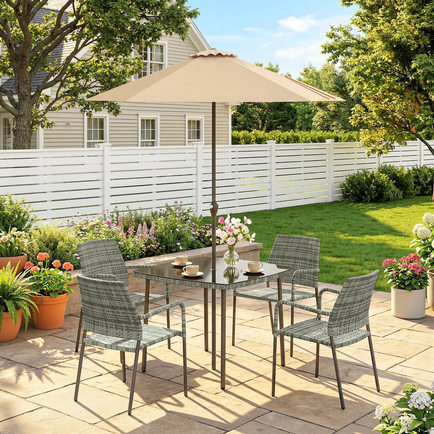 4 Seater Rattan Dining Set with Parasol, 6 Piece Garden Table and Stackable Chairs with Tempered Glass Tabletop