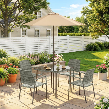 4 Seater Rattan Dining Set with Parasol, 6 Piece Garden Table and Stackable Chairs with Tempered Glass Tabletop