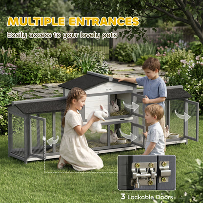 2-Tier Large Rabbit Hutch Outdoor with Double Side Run Boxes, No-leak Plastic Tray, Ramp, 230 x 53 x 93.5cm, Light Grey