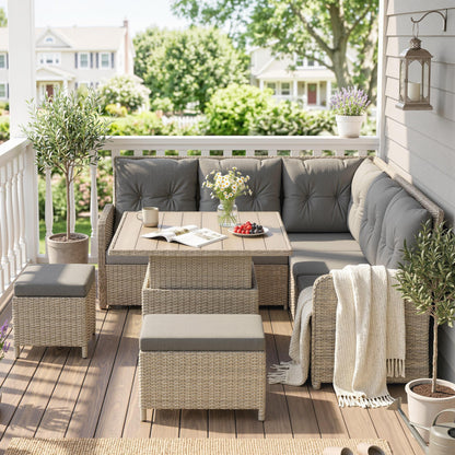 7 Seater Rattan Garden Furniture Set, 6 Piece Patio Dining Set with Liftable Coffee Table and Soft Padded Cushion