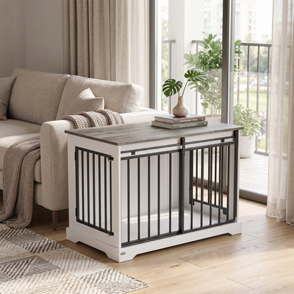 100 cm Large Dog Crate Furniture with Sliding Barn Door for Large Dogs, White