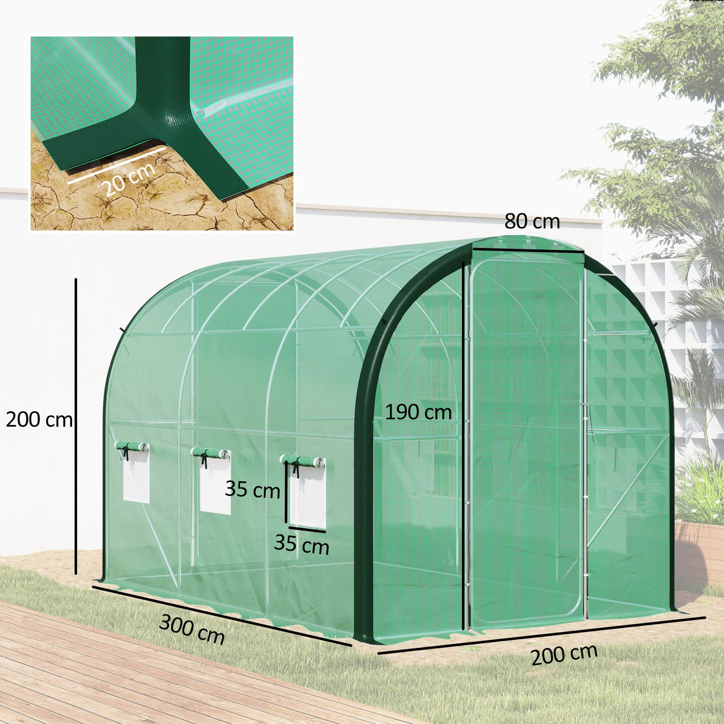 3 x 2 m Polytunnel Greenhouse, with Reinforced PE Cover, Windows and Doors - Green