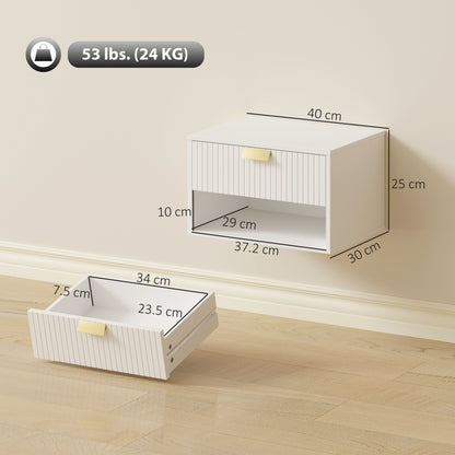 Set of 2 Wall Mounted Nightstands, Floating Bedside Tables with Fluted Drawer and Open Shelf for Small Bedroom, White