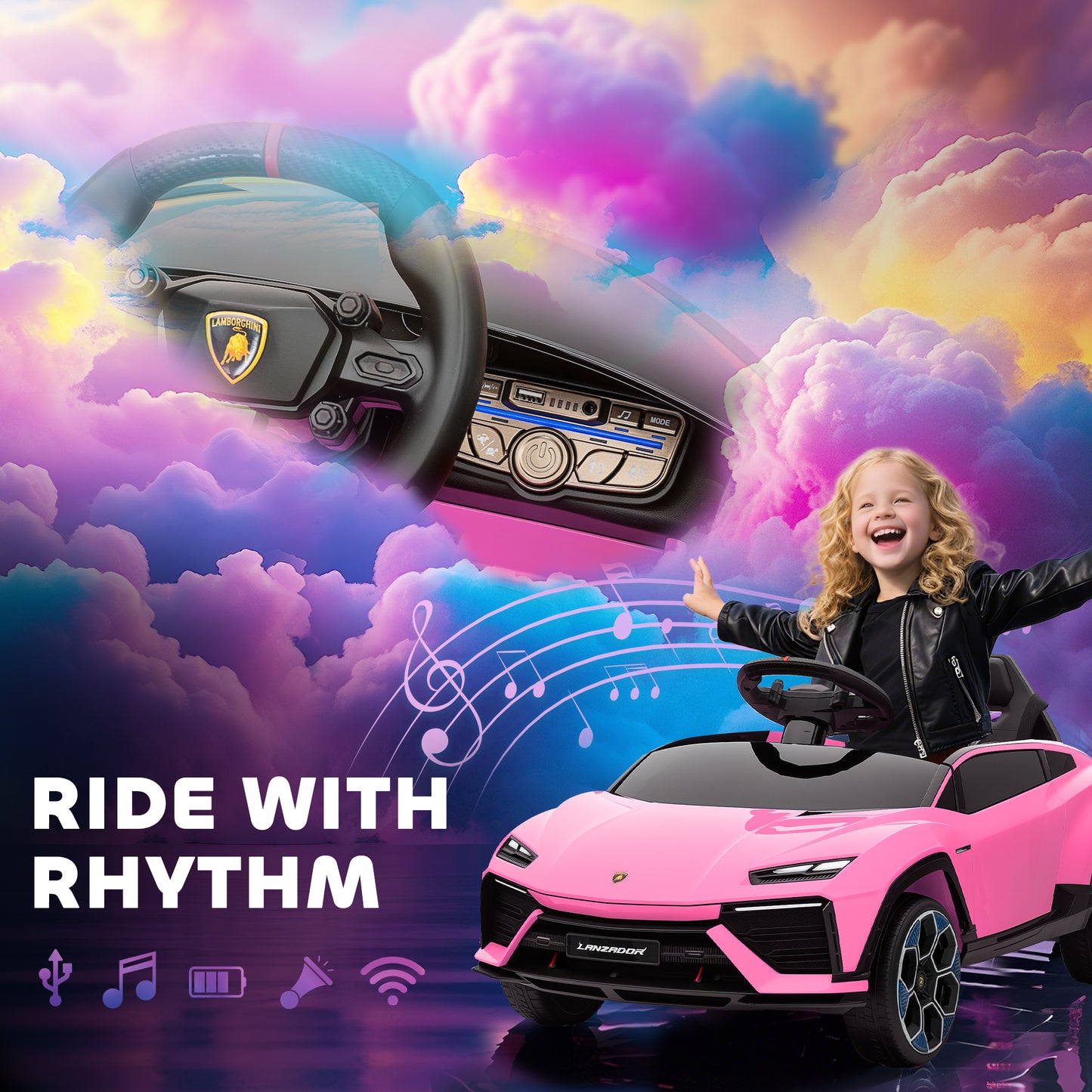 12V Licensed Lamborghini Electric Cars for Kids, Ride On Car with Remote Control for 3-6 Years Old, Pink