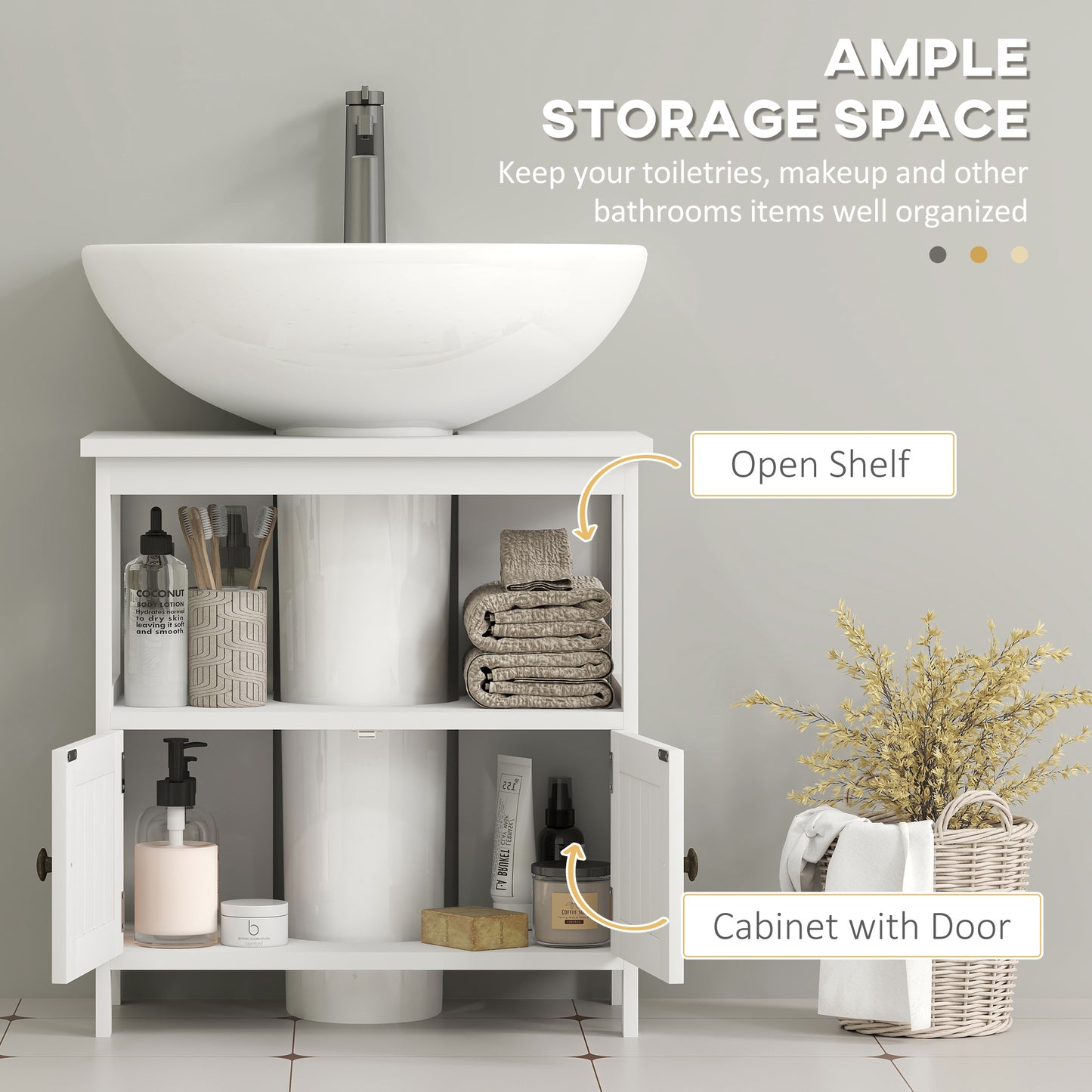 Pedestal Under Sink Cabinet with Double Doors, Modern Bathroom Vanity Storage Unit with Shelves, White