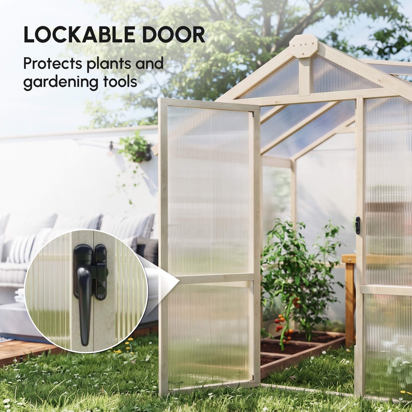 6.6 x 6ft Polycarbonate Greenhouse, Walk-in Wooden Greenhouse with Lockable Door and Window, Garden Plants Grow House, Brown