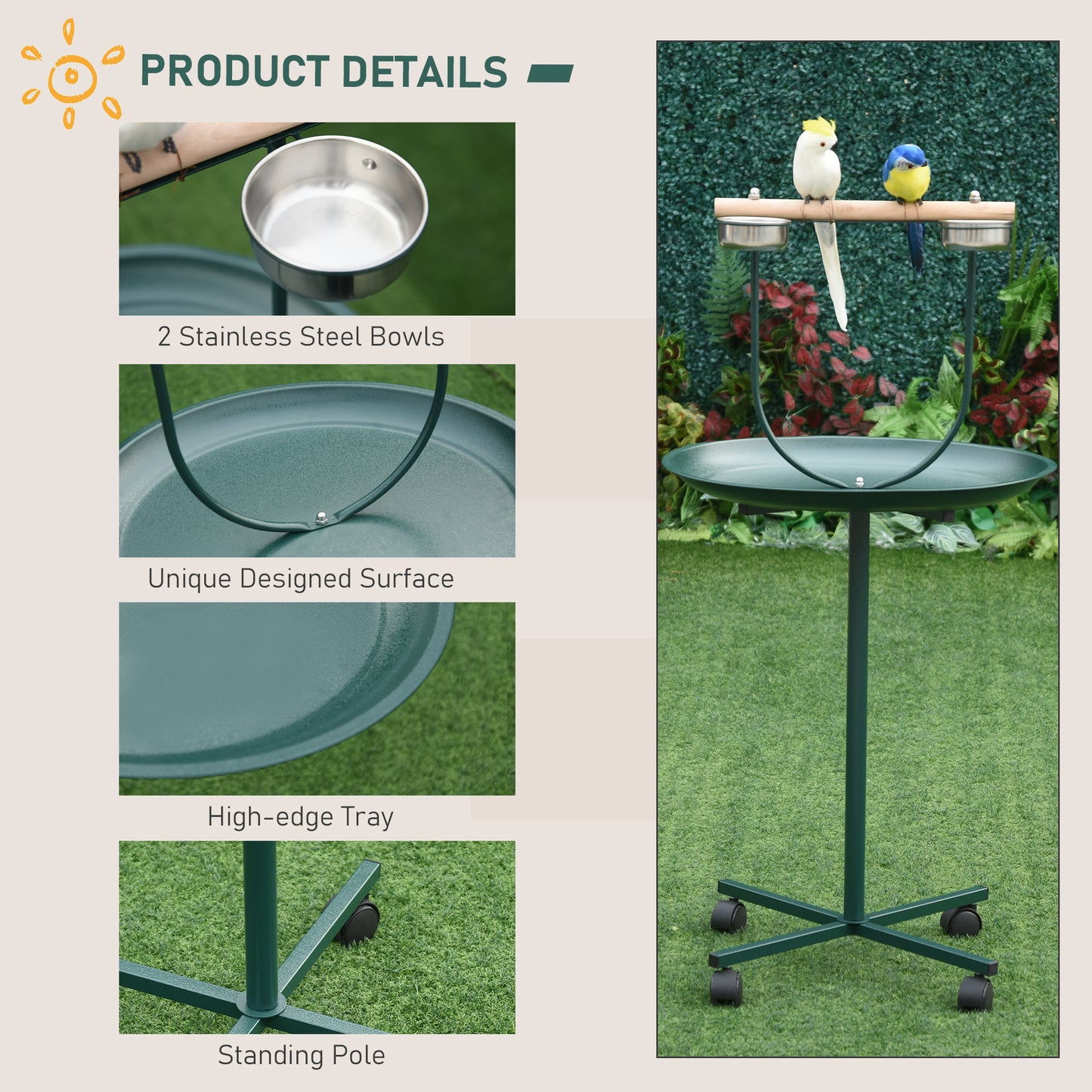 Bird Perch Stand with Four Wheels, Feeding Bowls, for Small, Medium Birds, Green