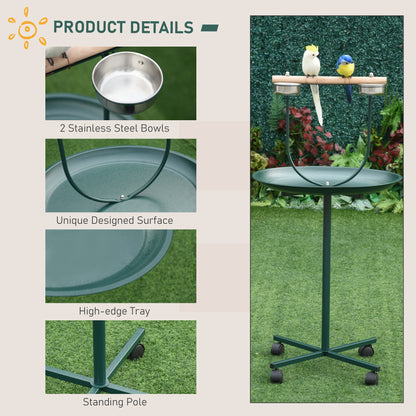 Bird Perch Stand with Four Wheels, Feeding Bowls, for Small, Medium Birds, Green