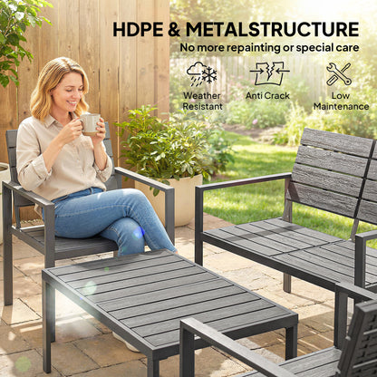 4 Piece Garden Furniture Set, Outdoor Sofa Set with HDPE Slatted Loveseat Armchairs Coffee Table Metal Frame, Dark Grey
