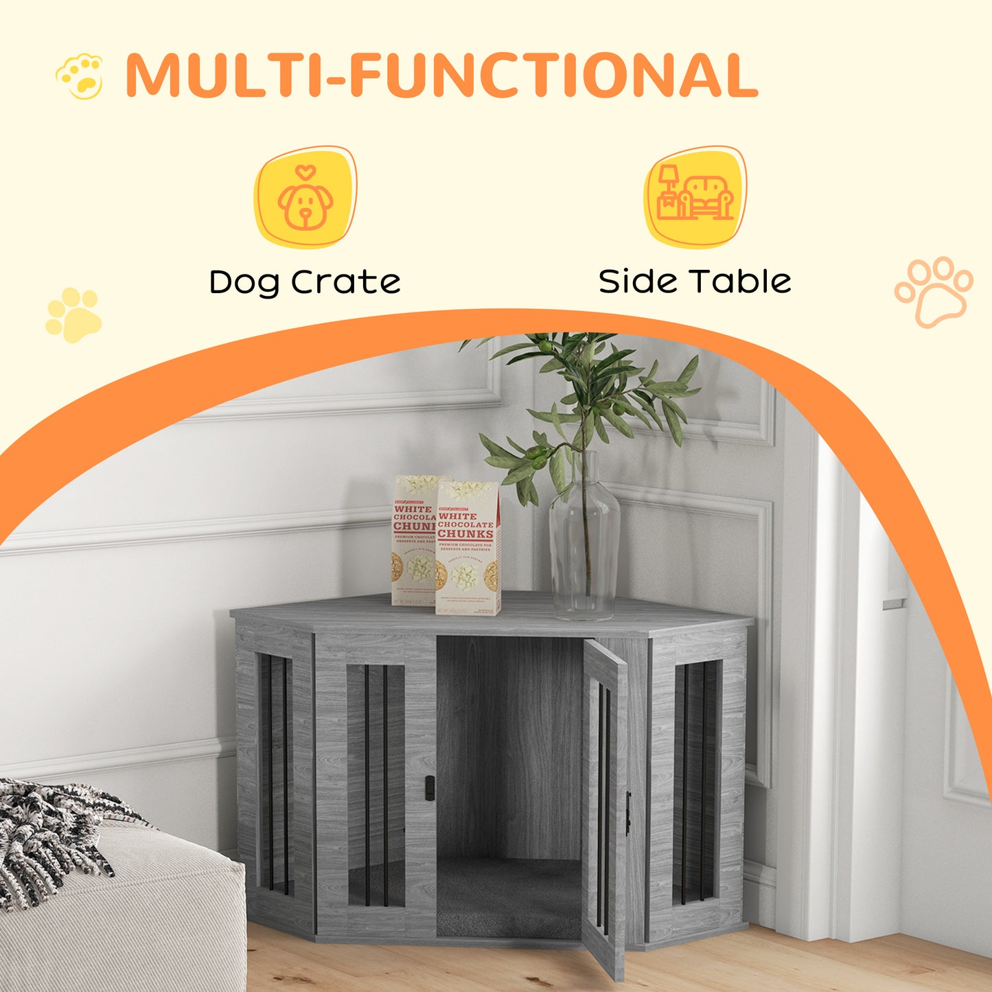 2 in 1 Dog Crate Furniture Side Table with Cushion for Medium Dogs, 104 x 55 x 63cm - Grey