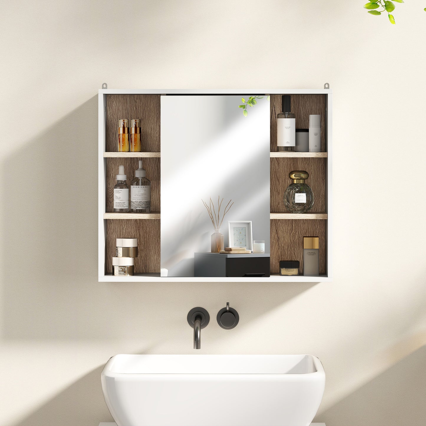 Bathroom Mirror Cabinet, Wall Mounted Storage Cabinet with Open Cupboard and Adjustable Shelf, White