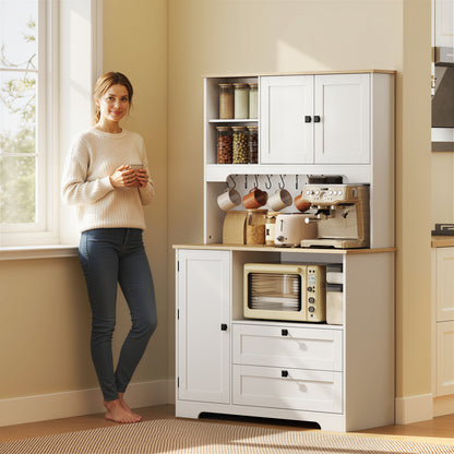 Kitchen Cupboard, Freestanding Kitchen Cabinet with 2 Cabinets, 2 Drawers, Open and Adjustable Shelves, White