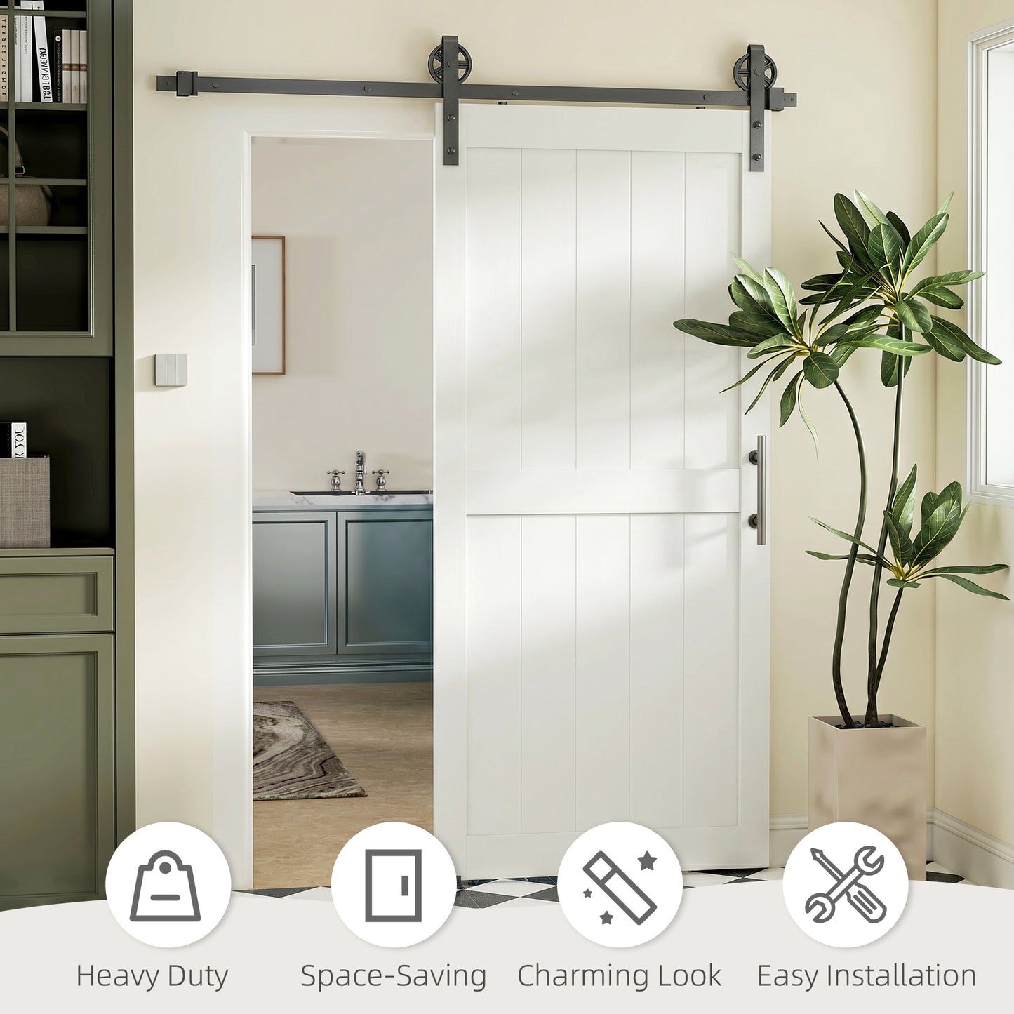 183cm Sliding Barn Door Kit, Sliding Door with Track, Hardware, Upgraded Rollers and Floor Guide, Handle, White