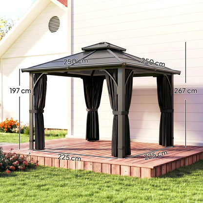 2.5 x 2.5 m Hardtop Gazebo Canopy with 7mm PC Roof, Garden Gazebo Permanent Pavilion with Netting, Curtains, Dark Grey