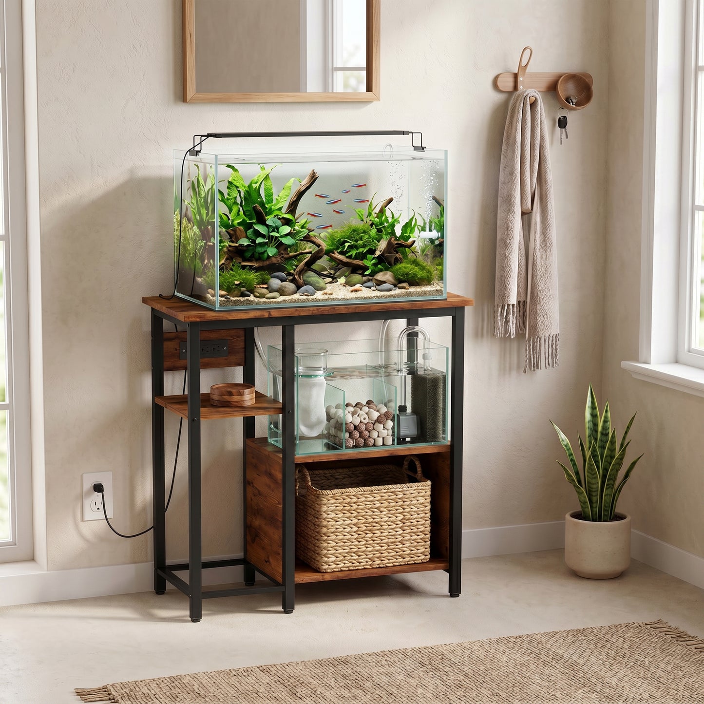 Fish Tank Stand with Power Outlets Aquarium Stand with Cabinet 20-29 Gallon Tanks Tiger Wood Grain