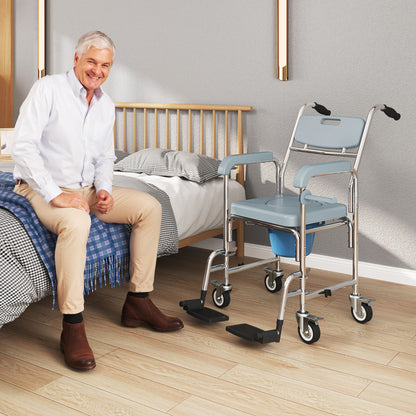 Rolling Shower Wheelchair for Seniors, Bedside Commode Chair with Locking Wheels, Seat, Backrest, Arms, Grey