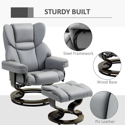 360° Swivel Recliner Chair with Footstool, PU Leather Manual Recliner Armchair with Footstool, Solid Wood Base