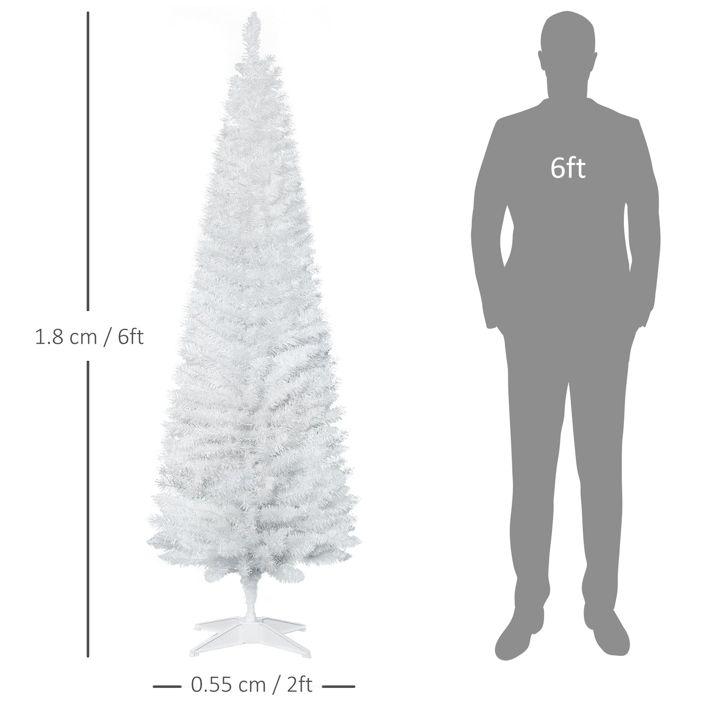 6ft Unlit Artificial Christmas Tree, Pencil Slim Xmas Tree with Solid Stand and Realistic Branches, White