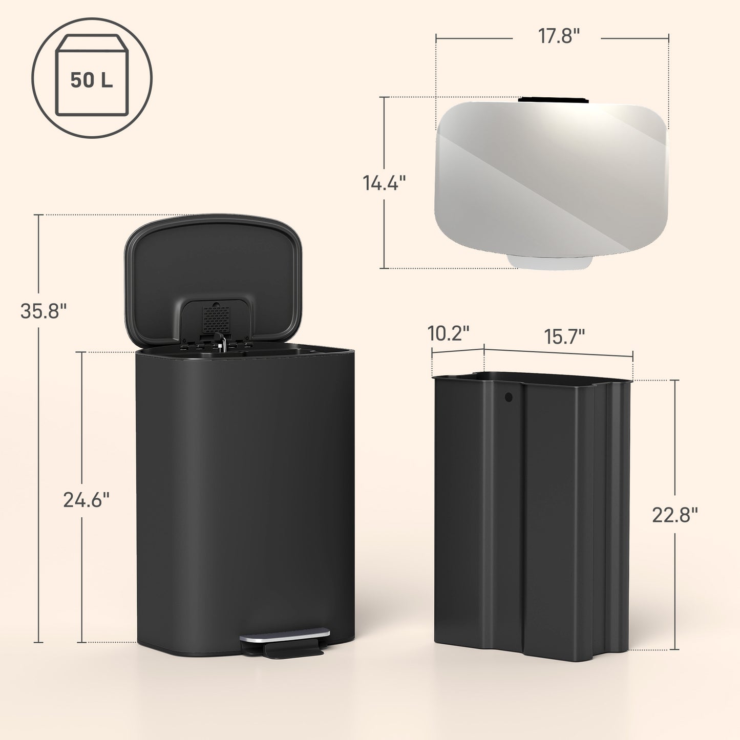 50L Kitchen Bin with Soft-Close Lid and Stay-Open Function, Stainless Steel Pedal Bin with Removable Inner Bucket
