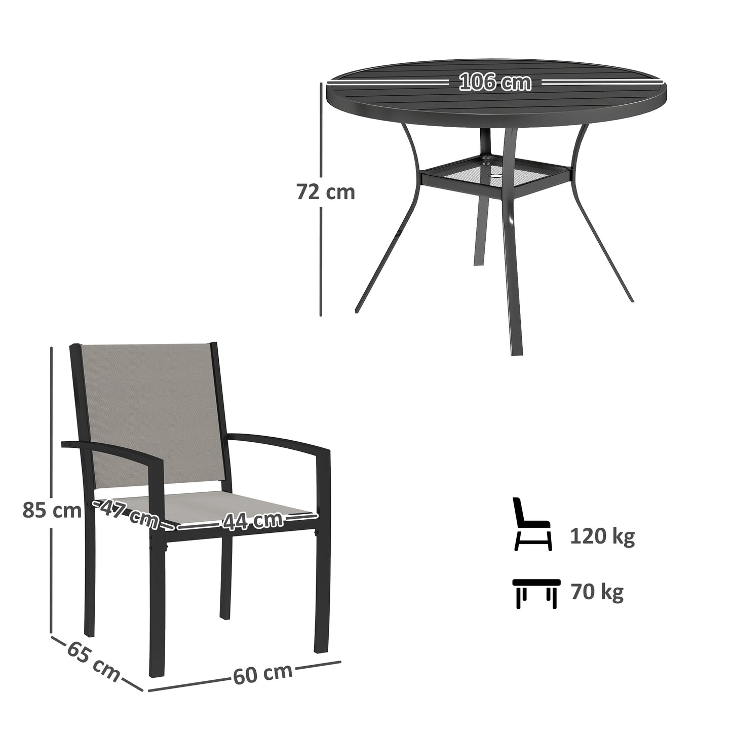 5 Piece Garden Furniture Set, Garden Dining Set with Round Table and 4 Stackable Chairs, Steel Frame, for Outdoor, Patio
