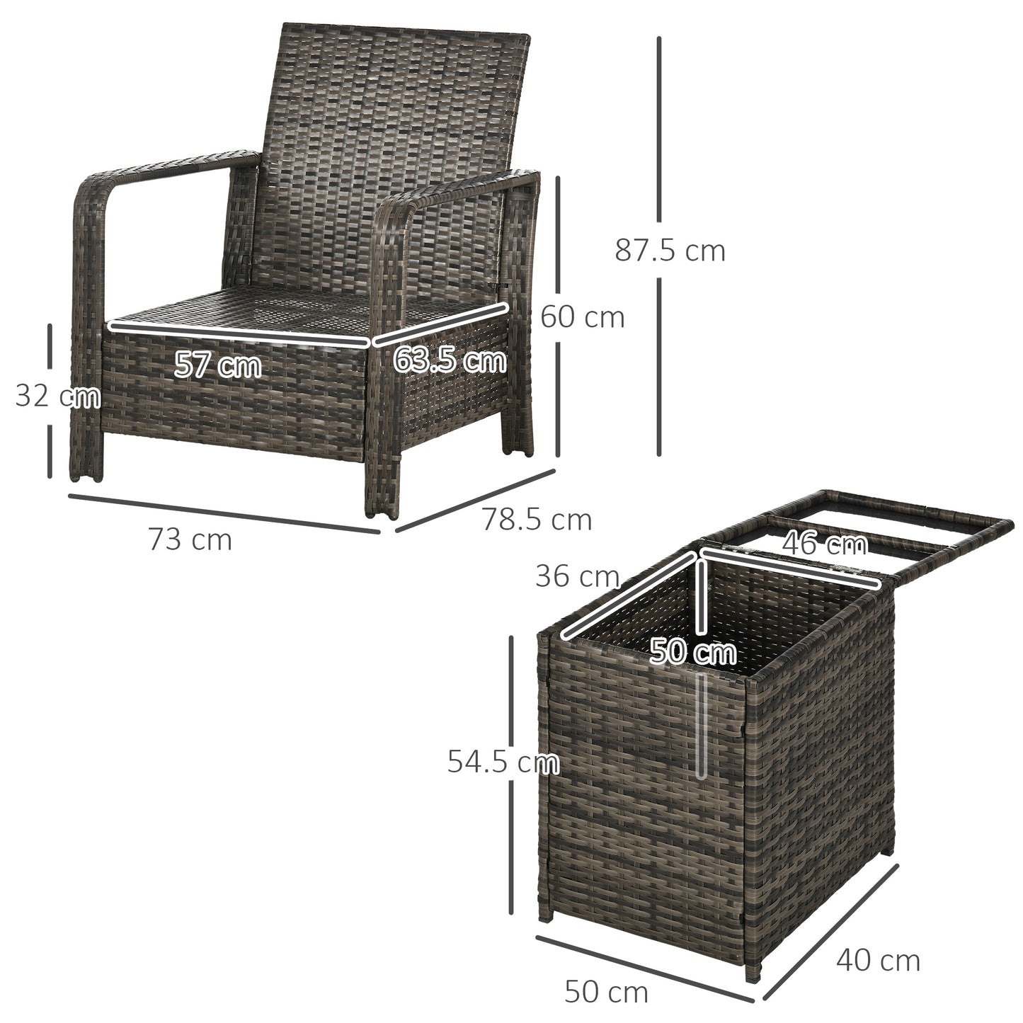 3 Pieces Rattan Bistro Set, Wicker Garden Furniture Set with Storage Coffee Table and Chairs, Thickened Cushions for Outdoor