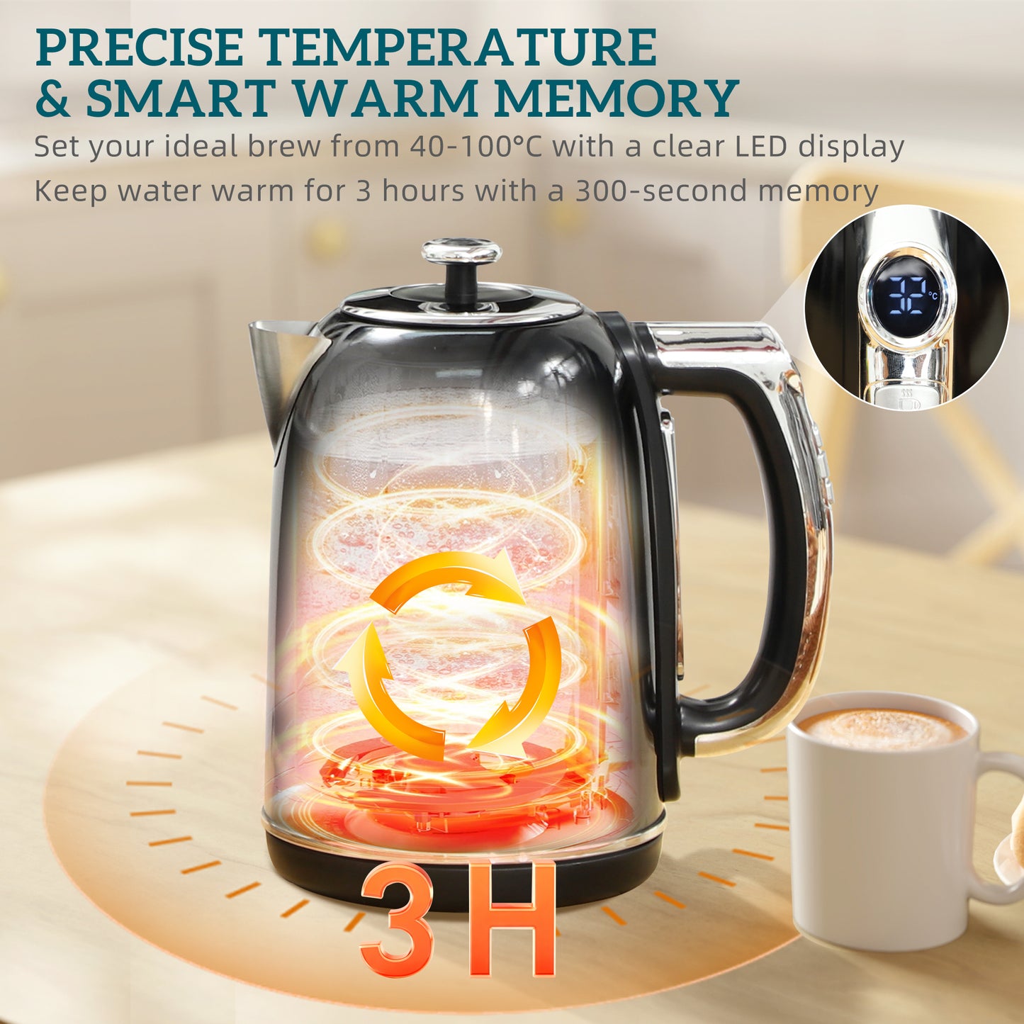 Polished Retro 40-100°C Kettle and Toaster Set - Black