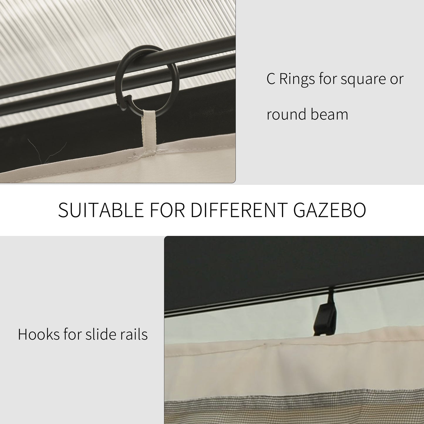 Replacement Gazebo Curtains, 4-Panel Gazebo Side Panels Only, for 3 x 3 (M) Gazebos or Pergolas, Hooks/C-Rings Included