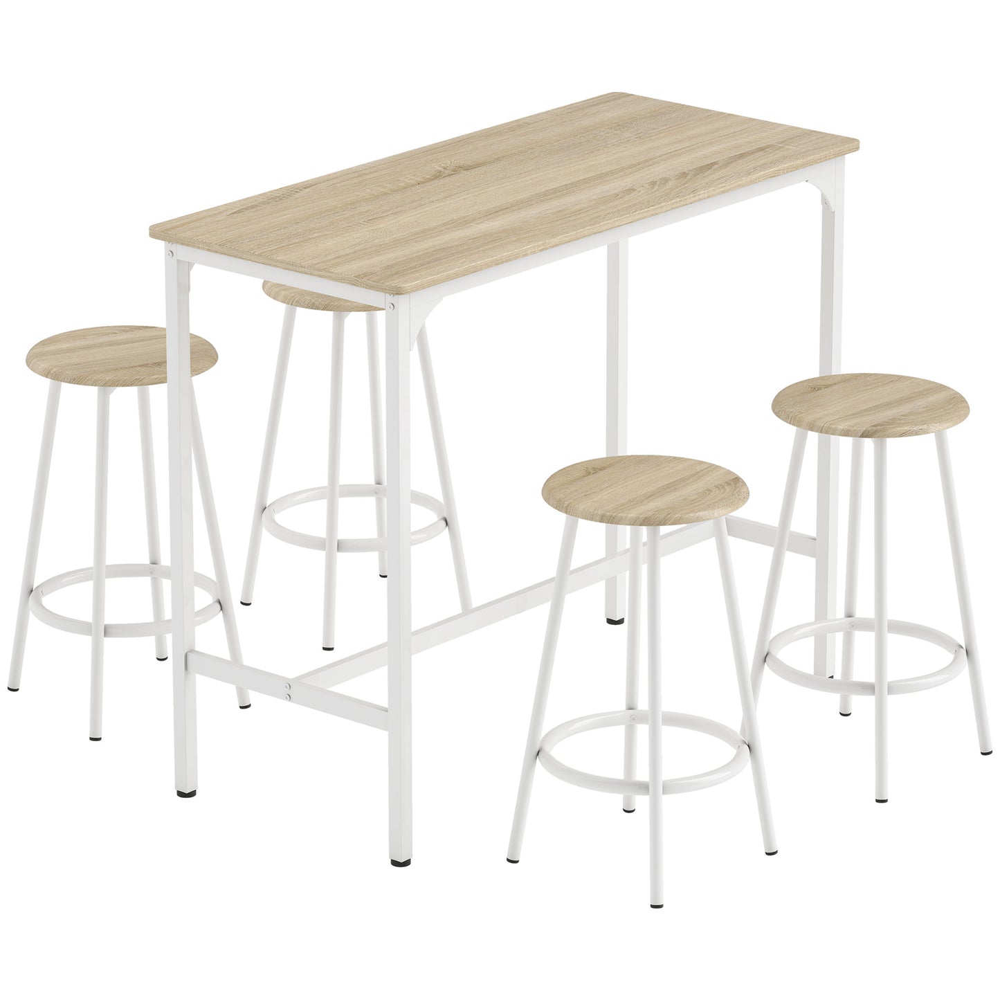 5 Piece Bar Table Set for 4 with Stools, Metal Frame, Footrest for Kitchen Natural Wood