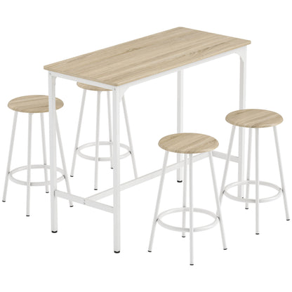 5 Piece Bar Table Set for 4 with Stools, Metal Frame, Footrest for Kitchen Natural Wood