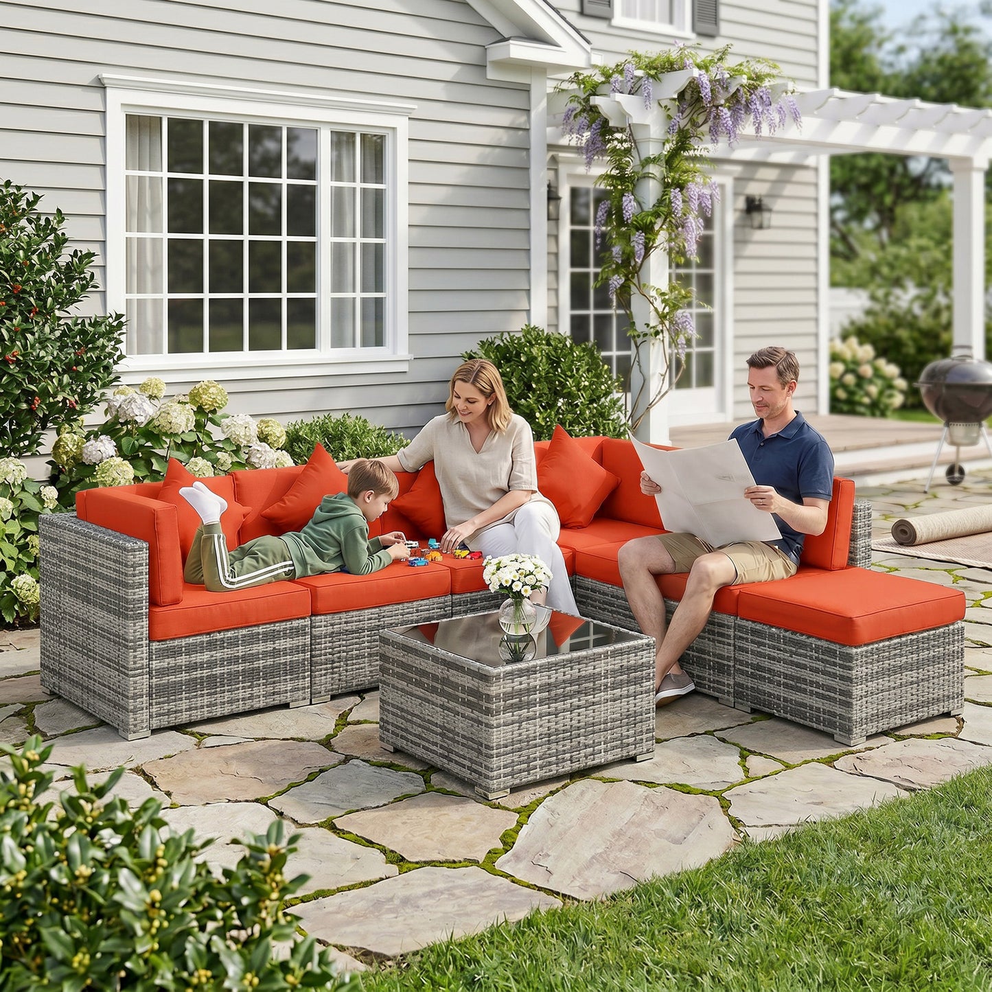 Eight-Piece Rattan Sofa Set - Orange/Grey