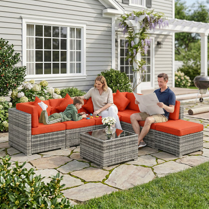 Eight-Piece Rattan Sofa Set - Orange/Grey