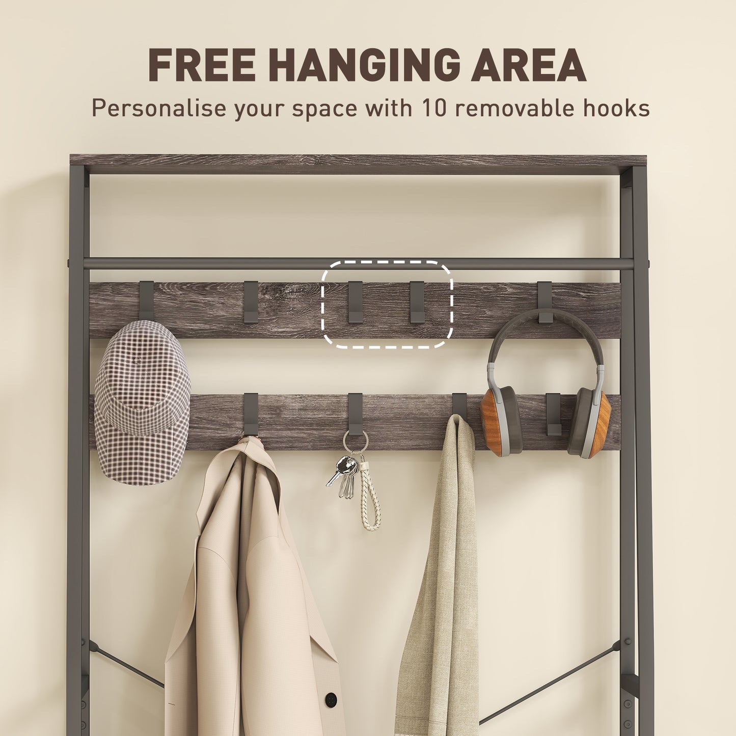 Coat Rack with Shoe Storage, Hall Tree, Industrial Coat Stand with Shoe Bench, 10 Removable Hooks
