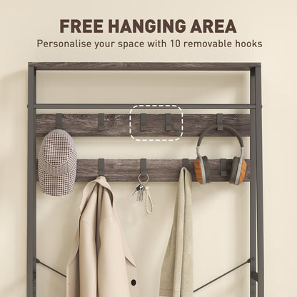 Coat Rack with Shoe Storage, Hall Tree, Industrial Coat Stand with Shoe Bench, 10 Removable Hooks