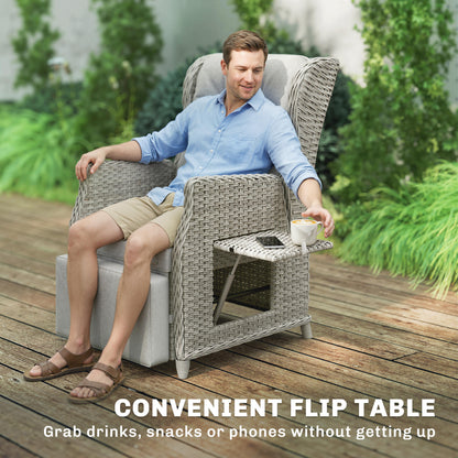 Rattan Garden Recliner Chair, Reclining Garden Chair with Adjustable Back and Footrest, Flip Table, Cushion, Light Grey