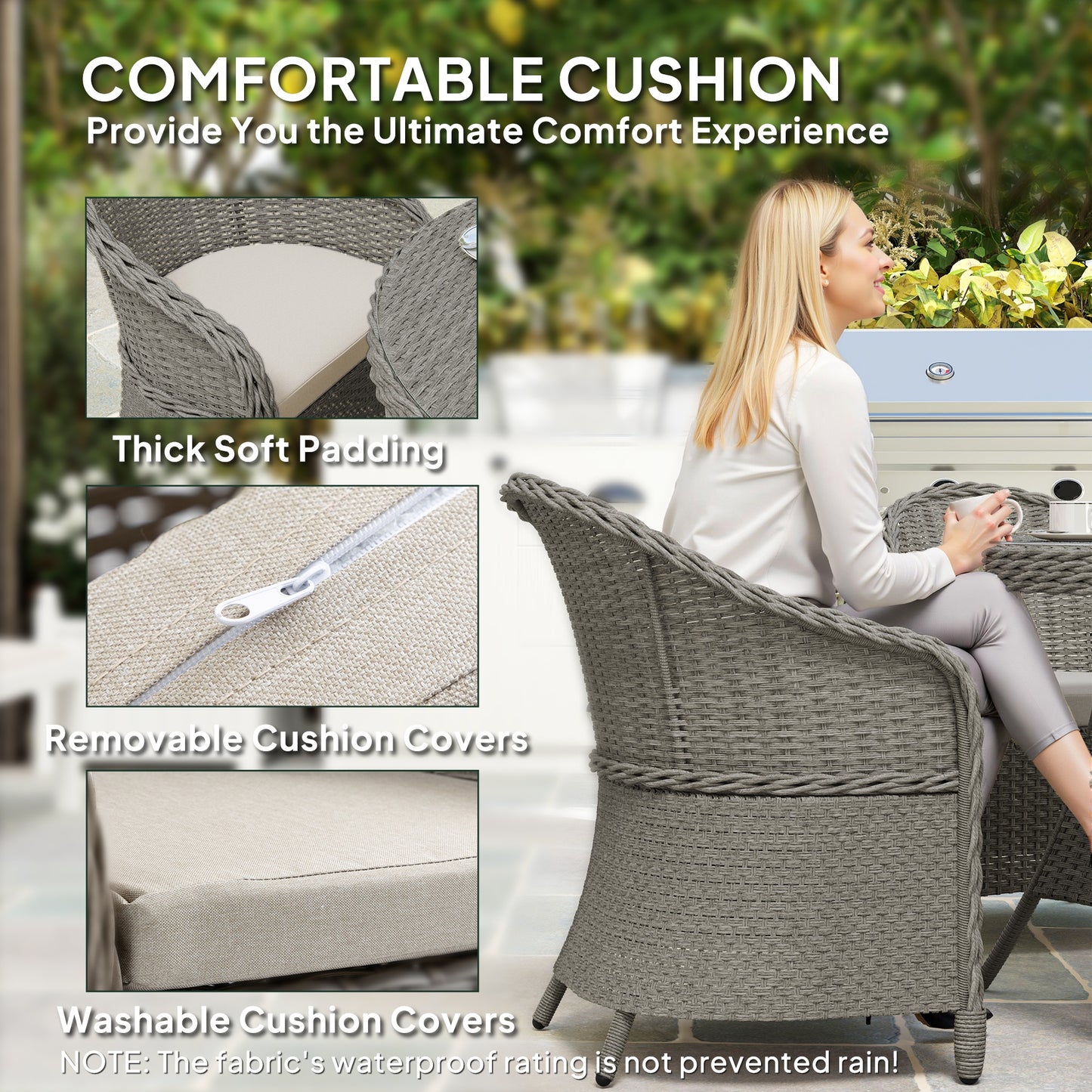 4 Seater Rattan Garden Furniture Set with Cushions, Round PE Rattan Dining Set with Glass-Top Table, Umbrella Hole